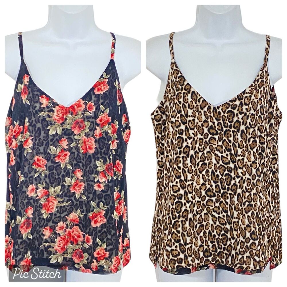 White House Black Market XS Leopard Reversible Cami Red Roses floral Top Chiffon
